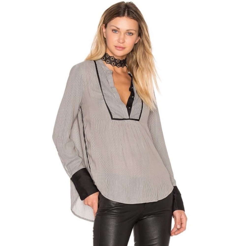 Free People Stripe Crepe Pebble Blouse Black Top